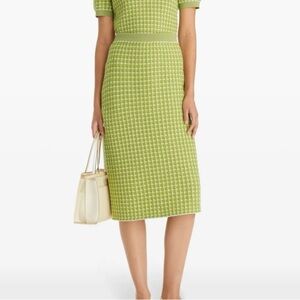 Tory Burch Jacquard Sweater Skirt Dark Mint Below Knee Pencil Sz L NEW